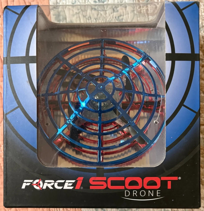 Blue hands-free drone with circular LED fan, in clear retail box