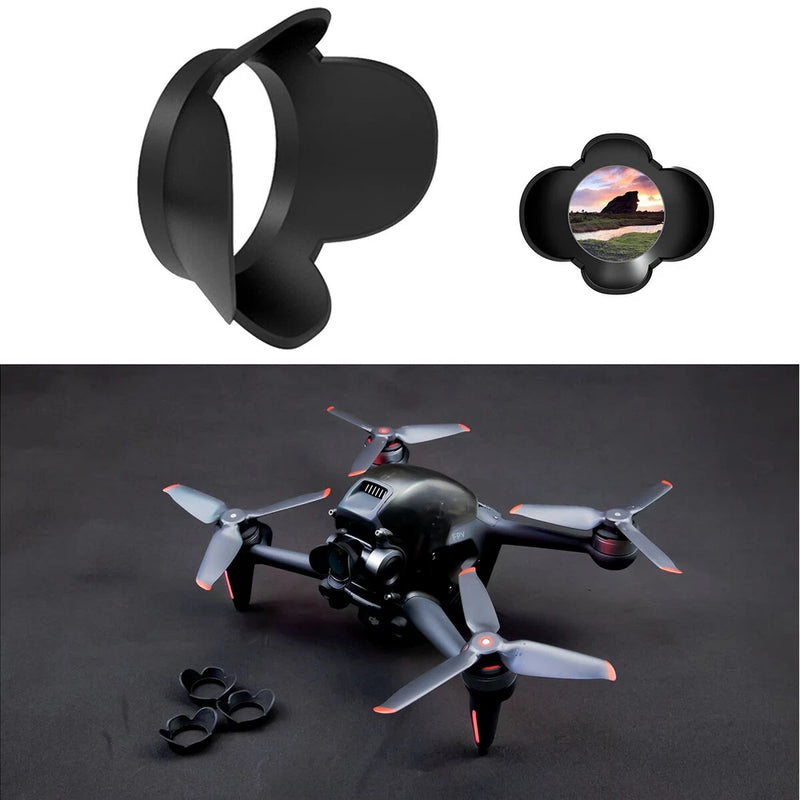 Black anti-glare lens hood sunshield for FPV goggles, with curved shield