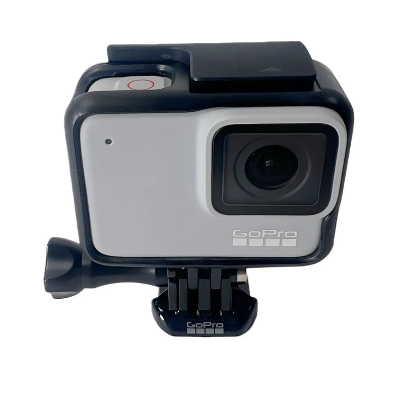GoPro Hero7 action camera in white with black lens housing and front GoPro logo