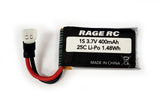 Rage RC 1S 3.7V 400mAh 25C LiPo battery with JST connector and red/black wires