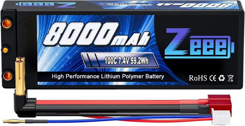 2S 8000mAh Lipo Battery 7.4V 100C Hard Case Lipo Battery with 4mm Bullet T Plug