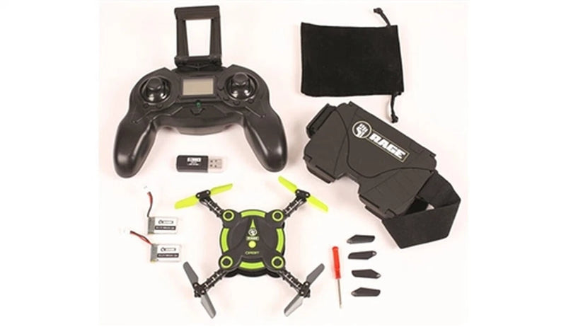 Pocket drone kit with green-black drone, handheld controller, and carry accessories
