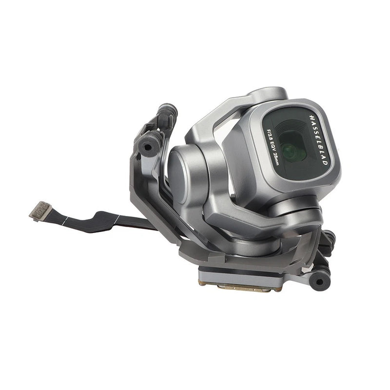 Drone gimbal camera module with lens housing and mounting bracket, silver