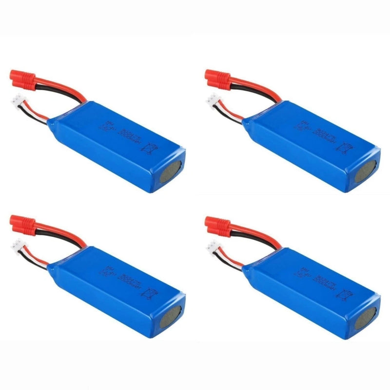 Set of four blue drone Li-ion batteries with red connector leads
