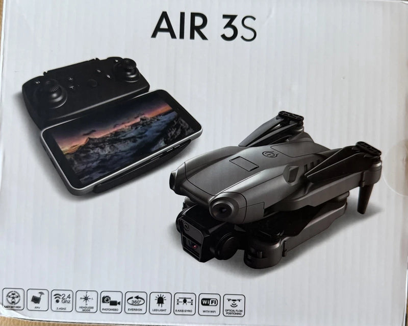 AIR 3S FPV camera drone with handheld screen remote, black gray body, front lens