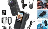Black 4K body camera with WiFi; small screen and mounting accessories shown