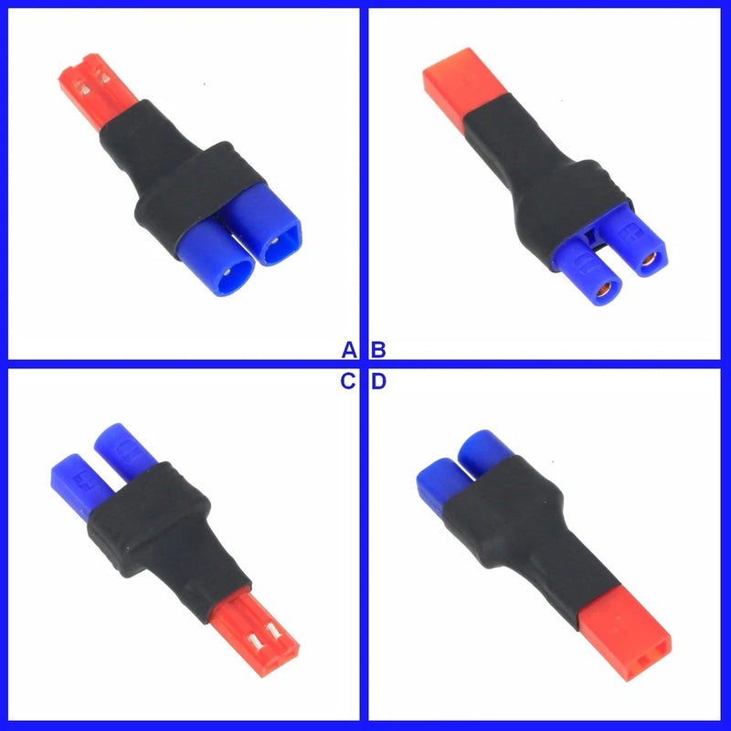 No-wire EC2 to JST adapter with blue and red connectors for LiPo battery