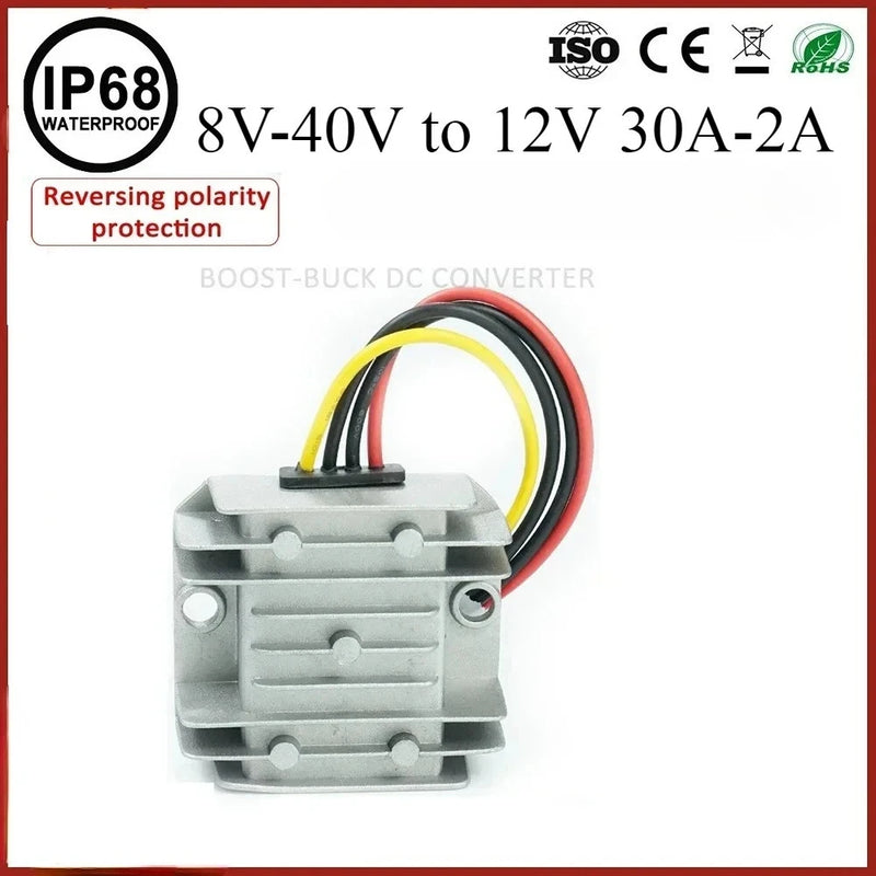 DC-DC buck boost converter module, gray heatsink, 8V-40V to 12V, with red/black/yellow leads