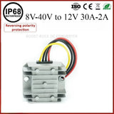 DC-DC buck boost converter module, gray heatsink, 8V-40V to 12V, with red/black/yellow leads