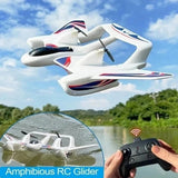 Waterproof RC fixed-wing glider with white body and blue/red stripes, held remote controller