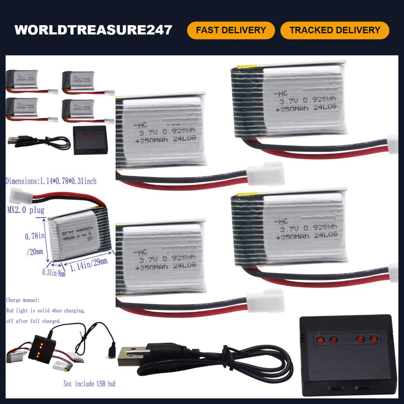 4 Pack 3.7V 250mAh LiPo Rechargeable Batteries & Storage Box for RC Drones/Quadc Battery