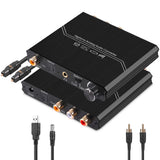 Black digital to analog audio converter with optical/coax input and RCA output ports.