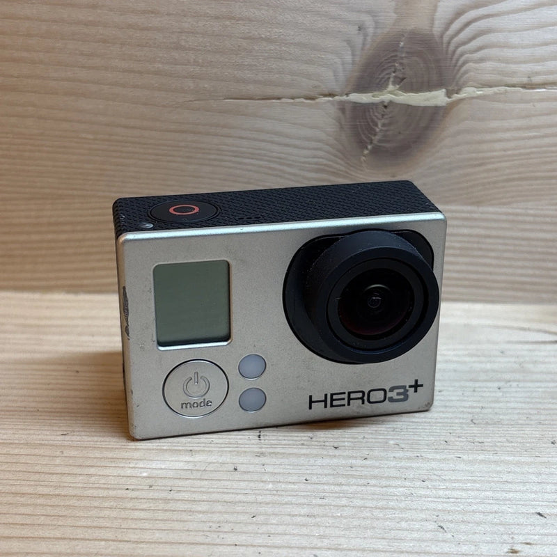 GoPro HERO3+ action camera, silver body with front lens and LCD screen