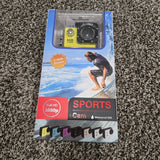 Sports action camera retail box with 2-inch LCD screen and waterproof 30M branding