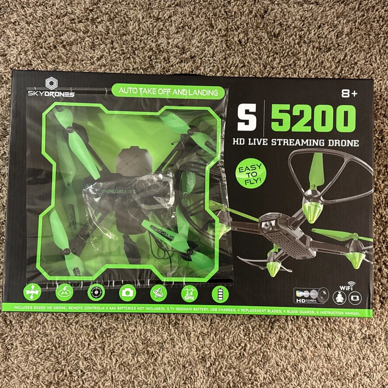 HD live streaming drone toy box with green propeller and controller details, S5200