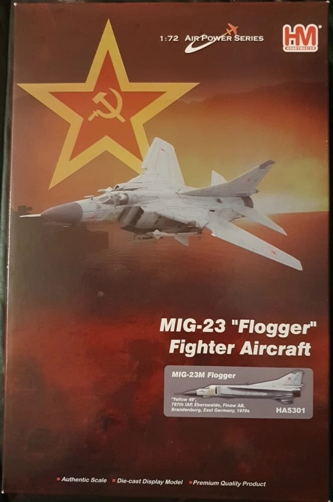 1:72 scale MIG-23 Flogger fighter aircraft model box, gray jet with yellow star art