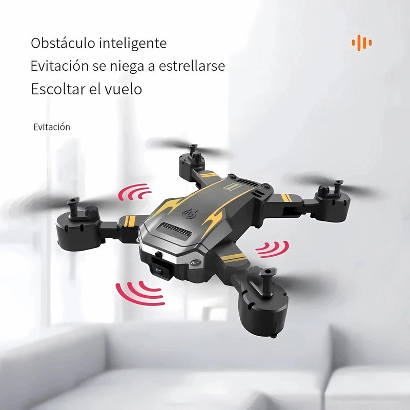 Black quadcopter drone with front camera module and four propeller arms