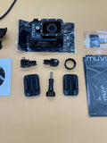 Black action camcorder with front lens in blue protective case, plus mounting accessories and cable