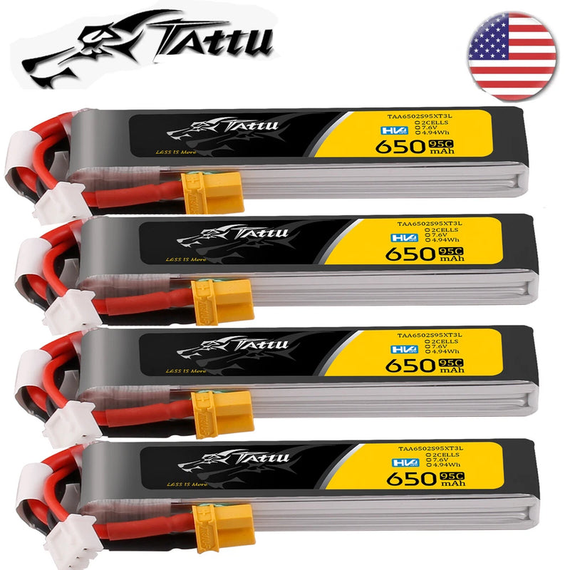 4X Tattu 650mAh 95C 7.6V 2S Lipo Battery Long HV XT30 Plug For RC FPV Quadcopter Battery