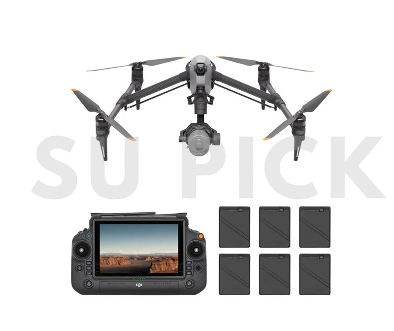 Black cinema drone with camera gimbal, handheld controller screen, and six battery packs
