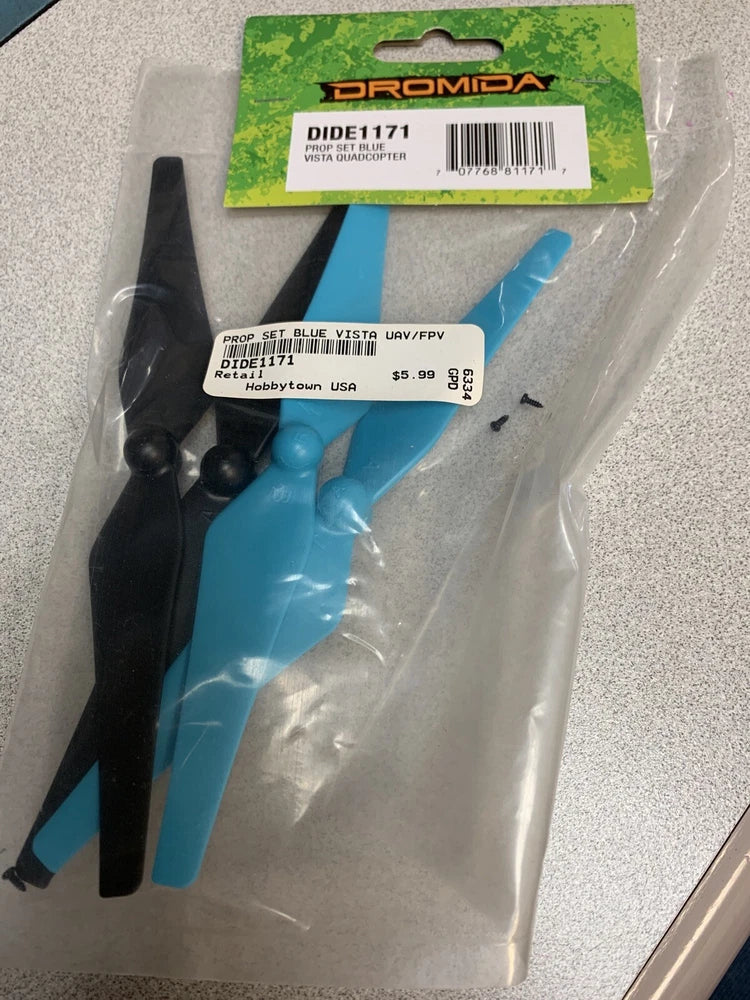 Dromida Vista drone prop set in blue and black, two blades in sealed packaging