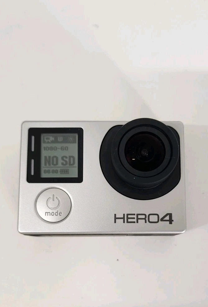 Silver HERO4 action camera with front lens and LCD status screen