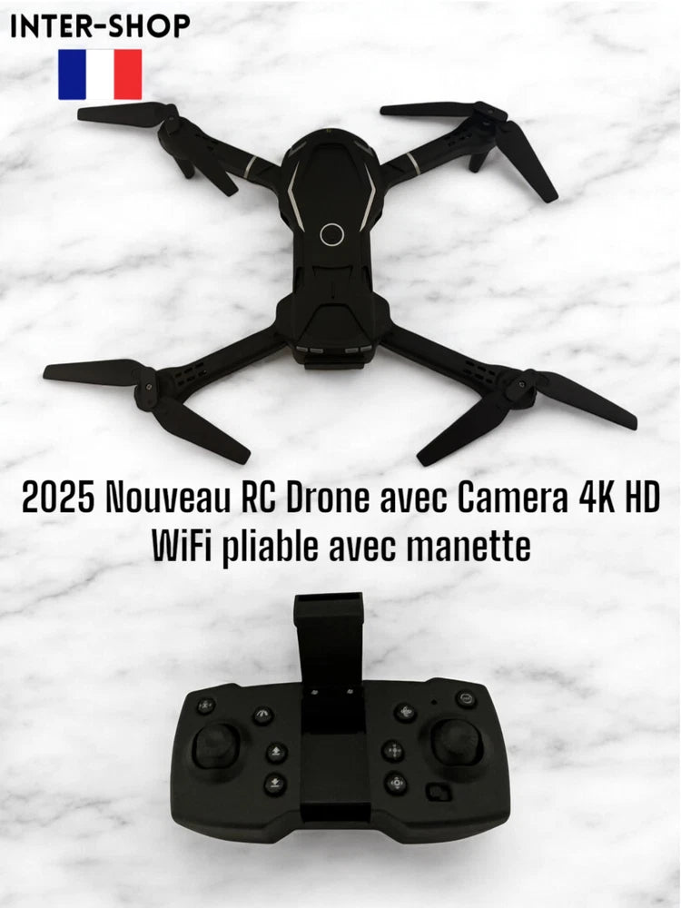 Folding quadcopter drone with propellers and 4K camera, plus remote controller