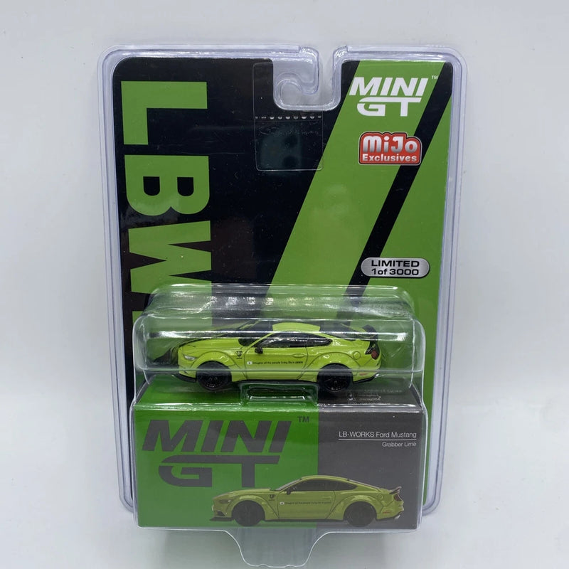 Lime green MINI GT LB-WORKS Ford Mustang 1:64 die-cast model in blister pack