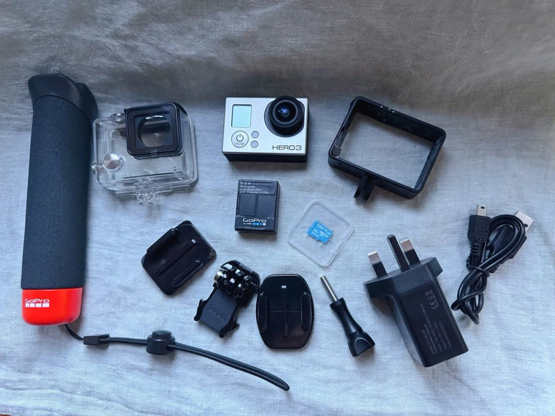 Action camera waterproof kit with HERO3 Silver and assorted accessories
