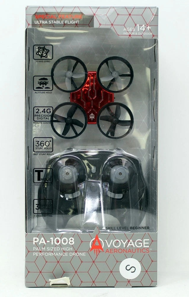 Palm size high performance drone, red quadcopter with four propellers in retail box