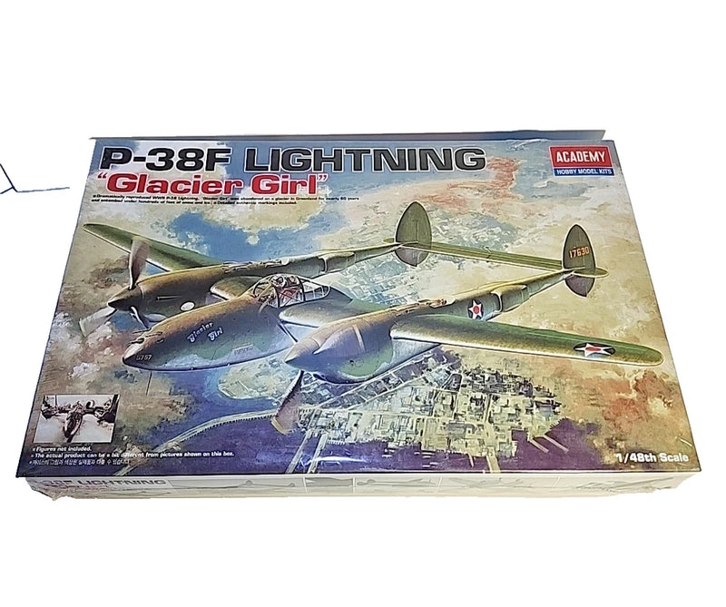 Academy P-38F Lightning Glacier Girl 1:48 plastic model kit box with colorful aircraft artwork