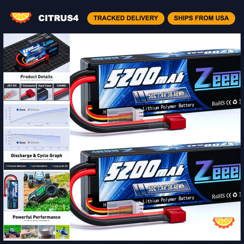 7.4V Lipo Battery 2S 50C 5200mAh Hard Case T Connector - 2 Pack RC Drone Power Battery