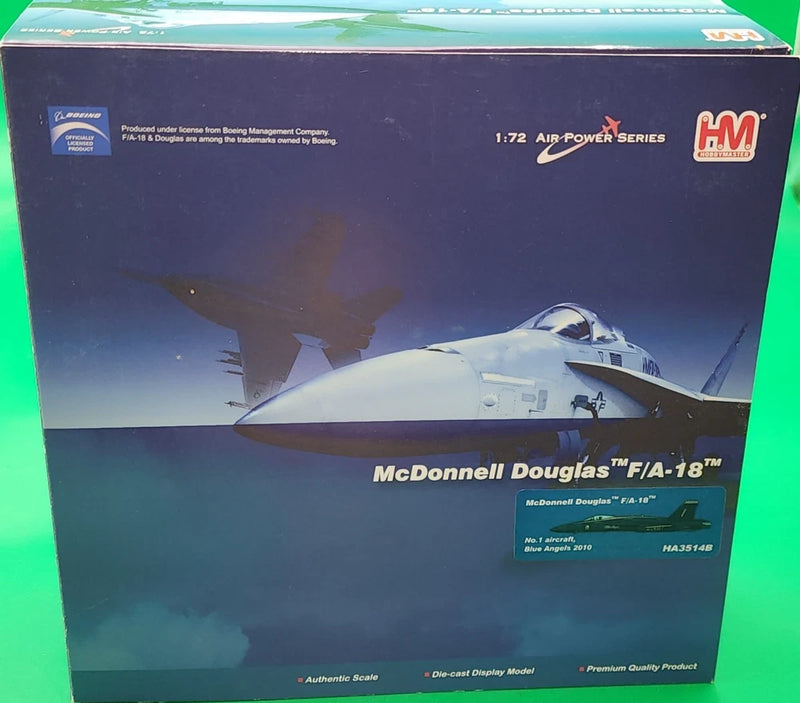 1:72 die-cast F/A-18A model kit in HobbyMaster boxed packaging, Blue Angels #1