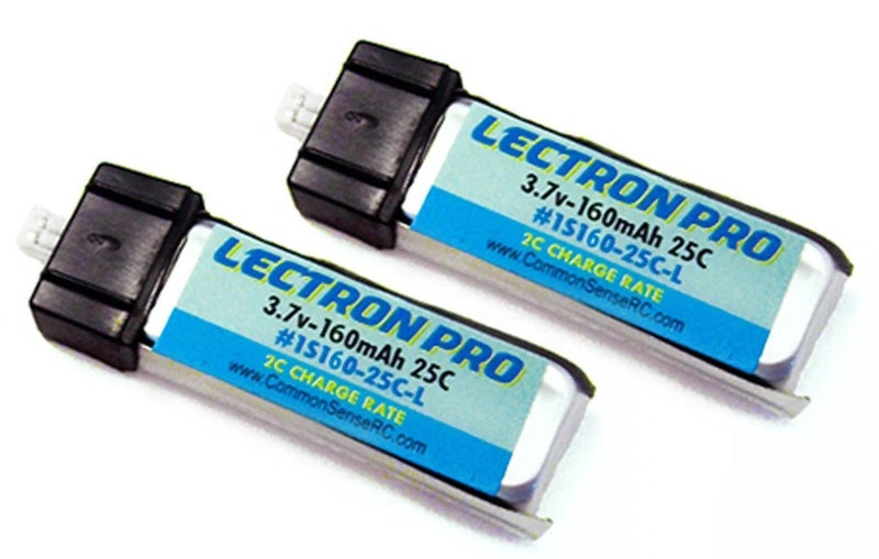 Two Lectron Pro 3.7V 160mAh LiPo batteries, blue/white labels, black connectors