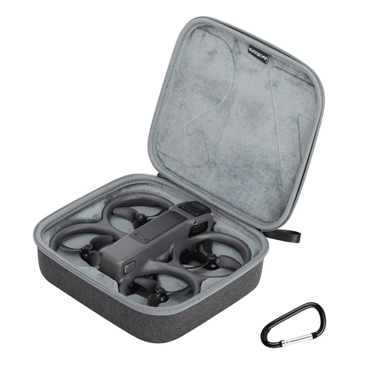 Gray portable drone carrying case with foam lining, open lid, and carabiner clip.
