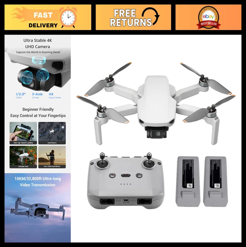 White mini drone with 4 rotors, remote controller, and two battery packs