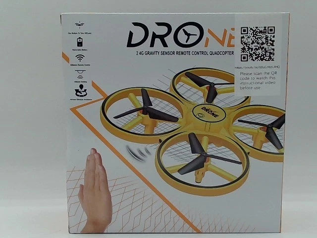 Kids remote control quadcopter drone in yellow on product box with DRONE logo