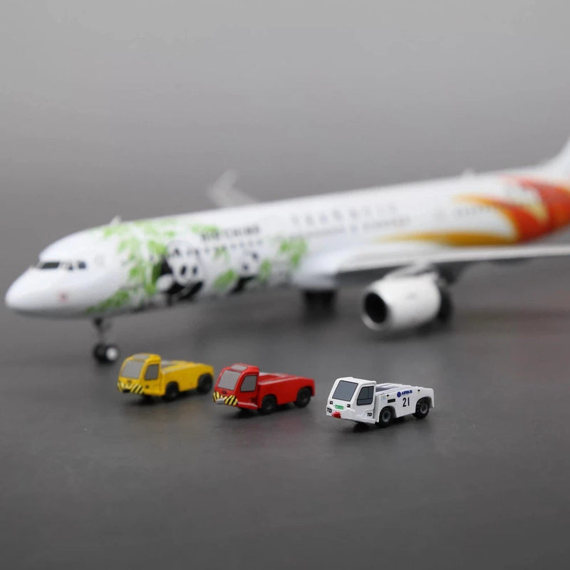 Scale 1/200 airport towing car 3D models, three painted vehicles: yellow, red, and white