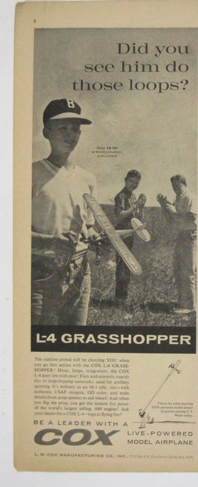 Print Ad Cox Grasshopper Live Powered Model Airplane Hobby Collectible 1960s AD