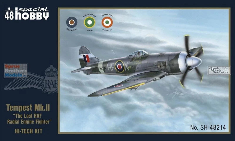 1:48 Tempest Mk.II fighter model kit, side-view aircraft on box art