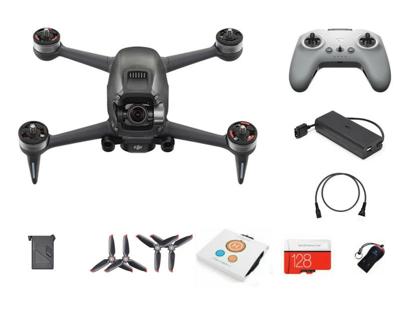 DJI FPV drone bundle with quadcopter, controller, batteries, cables and adapter