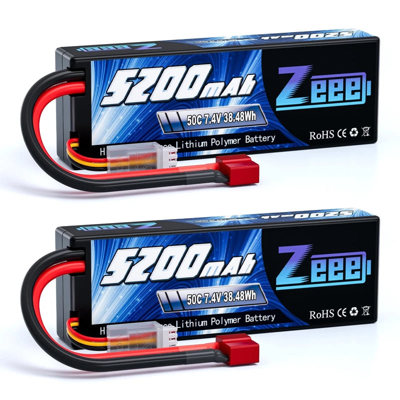 Zeee 7.4V 5200mAh 2S LiPo Battery Hard Case T Connector 2 Pack