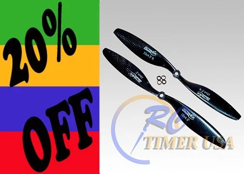 Carbon fiber CW/CCW propeller pair, black two-blade propellers with hub hardware