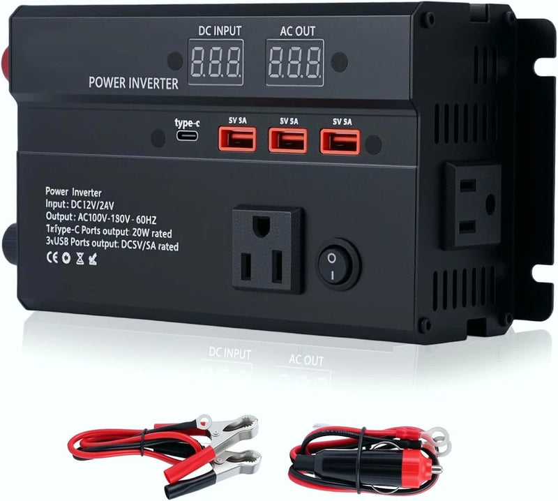 600W Car Power Inverter, 12V/24V Car Plug Adapter Outlet Converter BLACK - NEW!