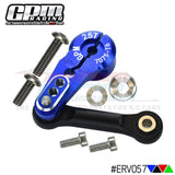 Blue 7075-T6 alloy servo arm with black tie rod, mounting holes and included screws