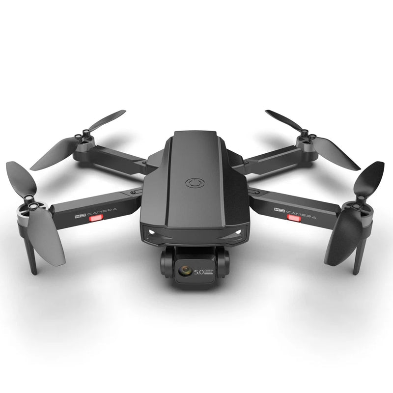 Dark gray folding quadcopter drone with dual camera module and four propellers