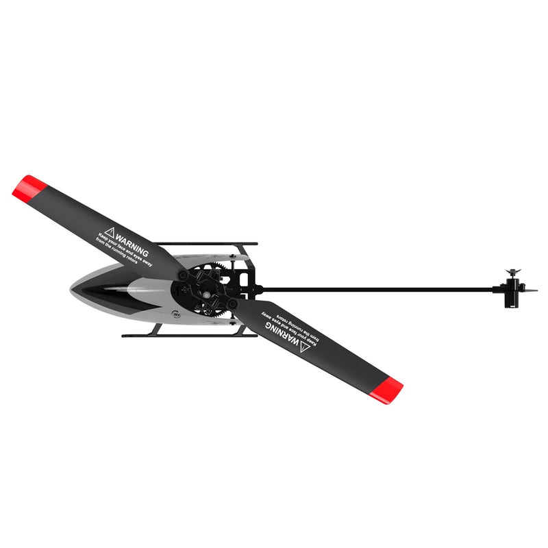 Black RC helicopter drone with red blade tips