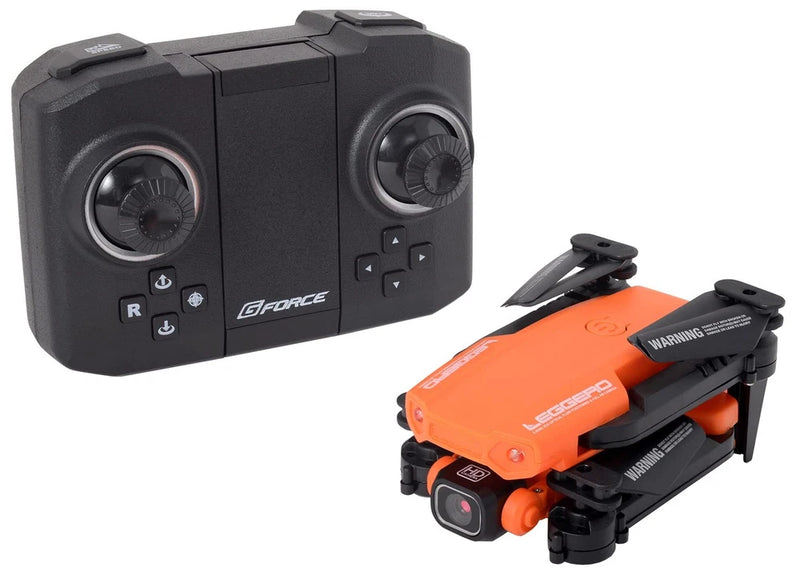 Foldable camera drone, orange and black with folded arms