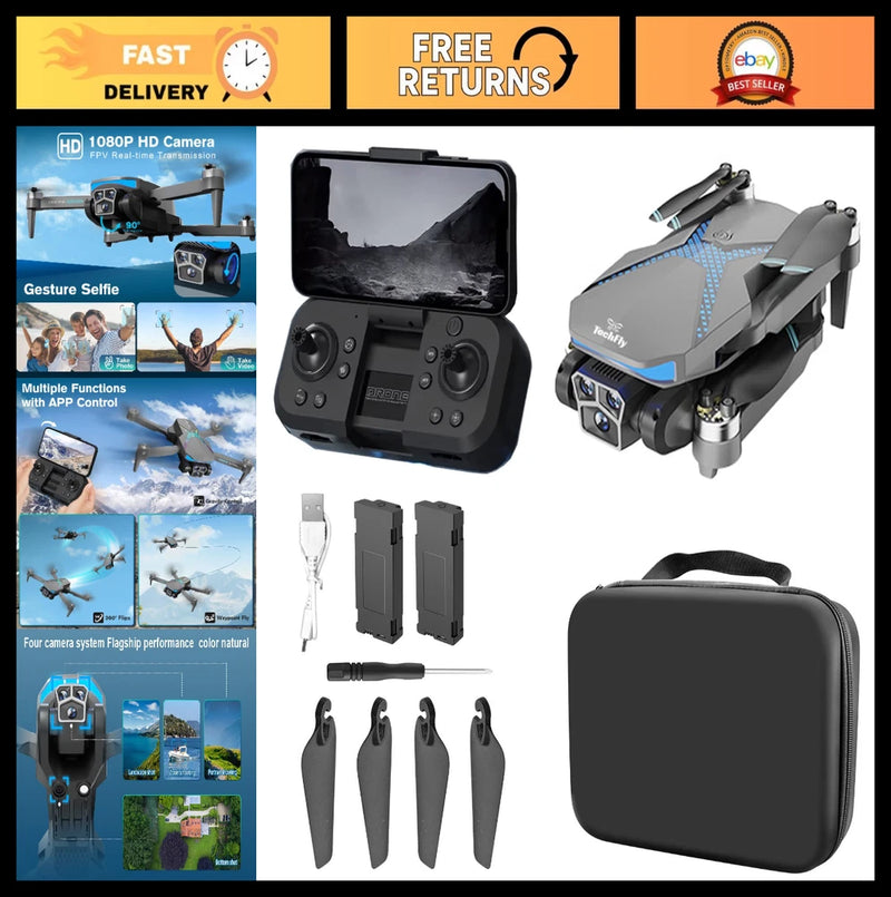 Foldable drone kit with controller screen, spare batteries, and carrying case