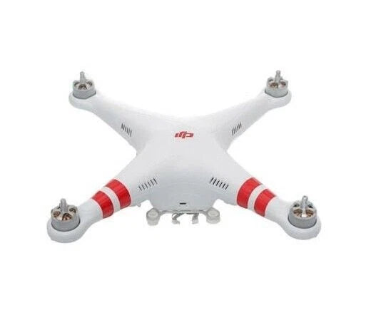 White quadcopter drone with four arms and red stripe motors